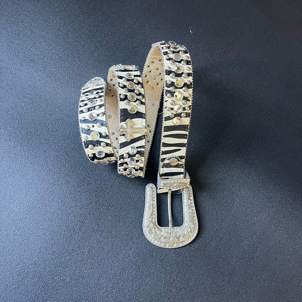 BHW Zebra‎ Print Rhinestone Western Belt L Genuine Leather Cross Studded Rodeo